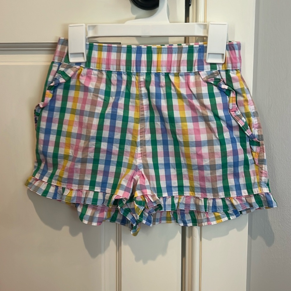 Colorful Checkerboard ruffle shorts, J Crew, size 10